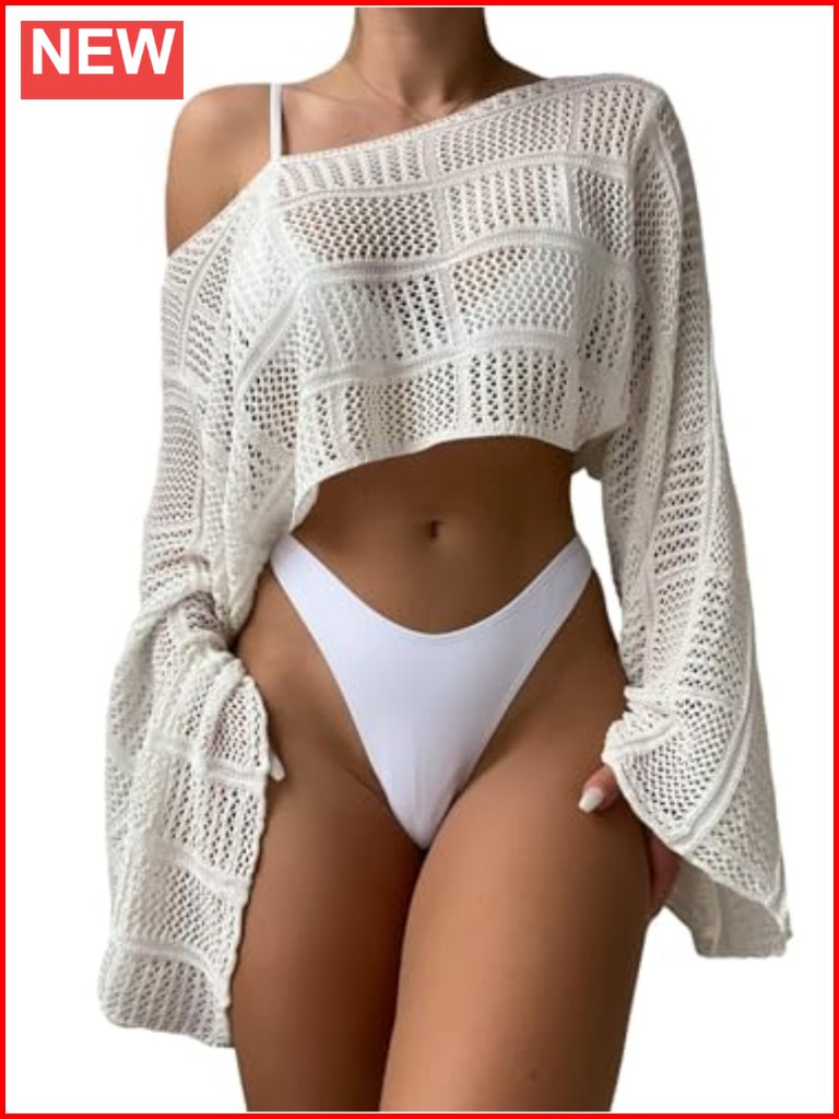 Sheer Crochet Long Sleeve Cover Up Boat Neck Hollow Out Swimwear Beach